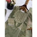 Women's Silk Embroidered 3/4th Sleeve Round Kurti With Sharara Pant and Dupatta Set (Green) - Image 5