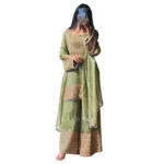 Women's Silk Embroidered 3/4th Sleeve Round Kurti With Sharara Pant and Dupatta Set (Green) - Image 3