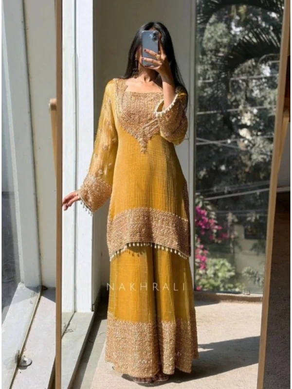 Women's Silk Embroidered 3/4th Sleeve Round Kurti With Sharara Pant and Dupatta Set (Yellow)