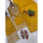 Women's Silk Embroidered 3/4th Sleeve Round Kurti With Sharara Pant and Dupatta Set (Yellow) - Image 4