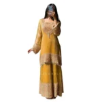 Women's Silk Embroidered 3/4th Sleeve Round Kurti With Sharara Pant and Dupatta Set (Yellow) - Image 5