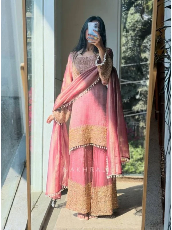 Women's Silk Embroidered 3/4th Sleeve Round Kurti With Sharara Pant and Dupatta Set (Pink)