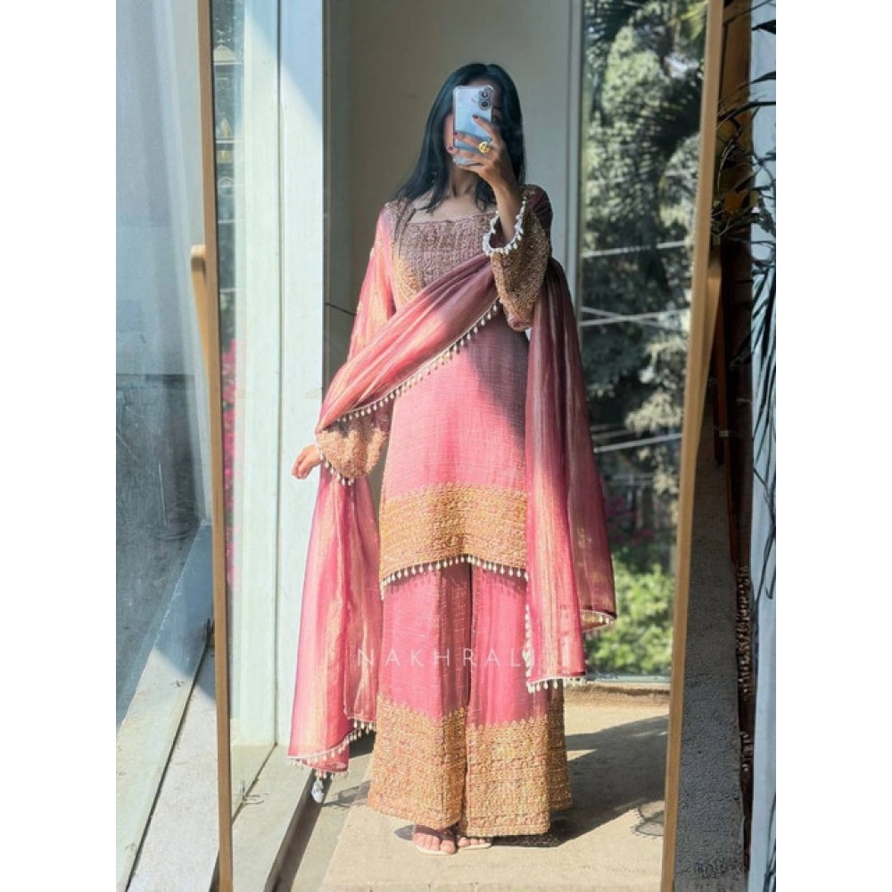 PID-66503-Women-s-Silk-Embroidered-3-4th-Sleeve-Round-Kurti-With-Sarara-and-Dupatta-Set-Pink-1-1000x1000-2.webp Women's Silk Embroidered 3/4th Sleeve Round Kurti With Sharara Pant and Dupatta Set (Pink) - Image 1