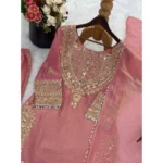 Women's Silk Embroidered 3/4th Sleeve Round Kurti With Sharara Pant and Dupatta Set (Pink) - Image 4