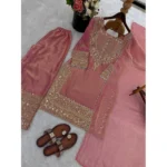 Women's Silk Embroidered 3/4th Sleeve Round Kurti With Sharara Pant and Dupatta Set (Pink) - Image 3