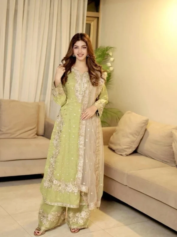 Women's Silk Embroidered 3/4th Sleeve Round Readymade Kurti With Palazzo Pant and Dupatta Set (Pista)