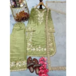 Women's Silk Embroidered 3/4th Sleeve Round Readymade Kurti With Palazzo Pant and Dupatta Set (Pista) - Image 3