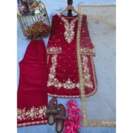 Women's Silk Embroidered 3/4th Sleeve Round Readymade Kurti With Palazzo Pant and Dupatta Set (Red) - Image 4