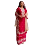 Women's Silk Embroidered 3/4th Sleeve Round Readymade Kurti With Palazzo Pant and Dupatta Set (Red) - Image 5