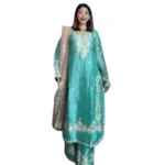 Women's Silk Embroidered 3/4th Sleeve Round Readymade Kurti With Palazzo Pant and Dupatta Set (Sea Green) - Image 3