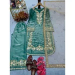 Women's Silk Embroidered 3/4th Sleeve Round Readymade Kurti With Palazzo Pant and Dupatta Set (Sea Green) - Image 5