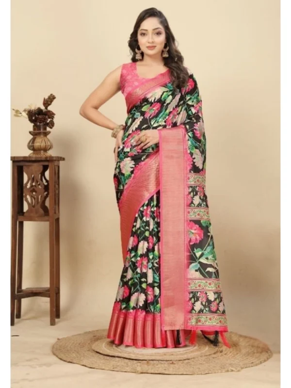 Women's Cotton Silk Floral Printed Saree With Unstitched Blouse 5.5Mtr (Black)