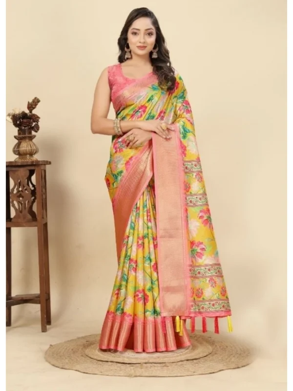 Women's Cotton Silk Floral Printed Saree With Unstitched Blouse 5.5Mtr (Yellow)