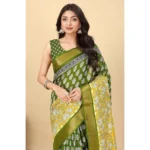 Women's Cotton Blend Printed Saree With Unstitched Blouse 5.5Mtr (Mehandi)