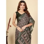 Women's Cotton Blend Printed Saree With Unstitched Blouse 5.5Mtr (Black)