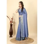 Women's Cotton Blend Checkered Saree With Unstitched Blouse 5.5Mtr (Blue)