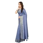 Women's Cotton Blend Checkered Saree With Unstitched Blouse 5.5Mtr (Blue) - Image 6
