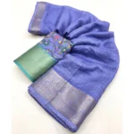 Women's Cotton Blend Checkered Saree With Unstitched Blouse 5.5Mtr (Blue) - Image 2