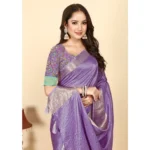 Women's Cotton Blend Checkered Saree With Unstitched Blouse 5.5Mtr (Purple)