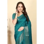 Women's Cotton Blend Checkered Saree With Unstitched Blouse 5.5Mtr (Rama)