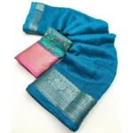 Women's Cotton Blend Checkered Saree With Unstitched Blouse 5.5Mtr (Rama) - Image 5