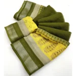 Women's Cotton Linen Printed Saree With Unstitched Blouse 5.5Mtr (Green)