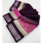 Women's Cotton Linen Printed Saree With Unstitched Blouse 5.5Mtr (Wine)