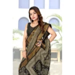 Women's Cotton Silk Printed Saree With Unstitched Blouse 5.5Mtr (Black) - Image 4