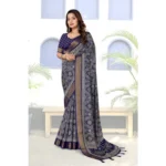 Women's Cotton Silk Printed Saree With Unstitched Blouse 5.5Mtr (Blue) - Image 4