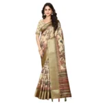 Women's Cotton Silk Printed Saree With Unstitched Blouse 5.5Mtr (Cream) - Image 3