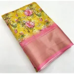 Women's Cotton Silk Floral Printed Saree With Unstitched Blouse 5.5Mtr (Yellow) - Image 3