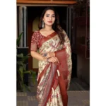 Women's Cotton Silk Floral Printed Saree With Unstitched Blouse 5.5Mtr (Gold-Brown)