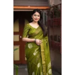 Women's Cotton Silk Printed Saree With Unstitched Blouse 5.5Mtr (Green) - Image 5