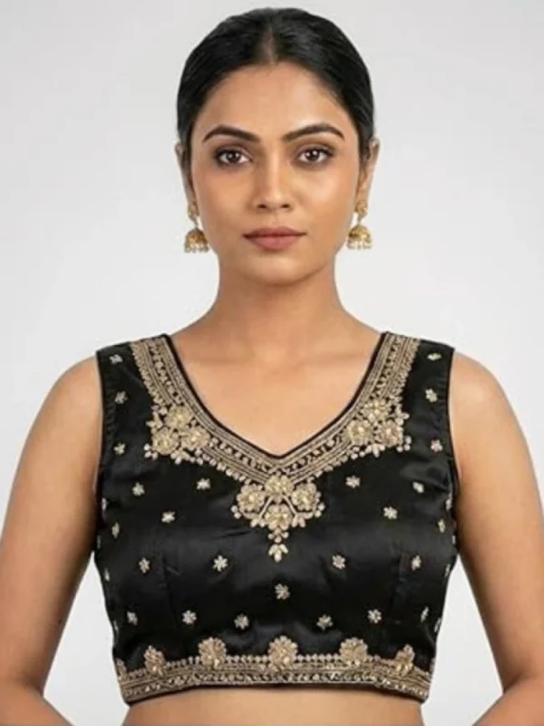 Women's Silk Embroidered V-Neck Sleeveless Readymade Padded Blouse (Black, Size 38)