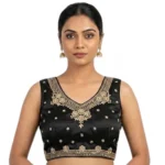 Women's Silk Embroidered V-Neck Sleeveless Readymade Padded Blouse (Black, Size 38) - Image 6