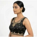 Women's Silk Embroidered V-Neck Sleeveless Readymade Padded Blouse (Black, Size 38) - Image 3