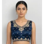 Women's Silk Embroidered V-Neck Sleeveless Readymade Padded Blouse (Blue, Size 38)