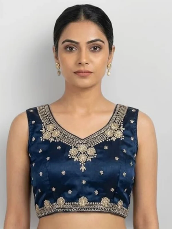 Women's Silk Embroidered V-Neck Sleeveless Readymade Padded Blouse (Blue, Size 38)