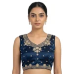 Women's Silk Embroidered V-Neck Sleeveless Readymade Padded Blouse (Blue, Size 38) - Image 6