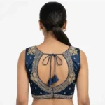 Women's Silk Embroidered V-Neck Sleeveless Readymade Padded Blouse (Blue, Size 38) - Image 5