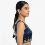 Women's Silk Embroidered V-Neck Sleeveless Readymade Padded Blouse (Blue, Size 38) - Image 4