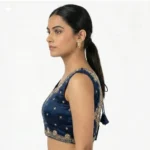 Women's Silk Embroidered V-Neck Sleeveless Readymade Padded Blouse (Blue, Size 38) - Image 3