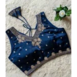 Women's Silk Embroidered V-Neck Sleeveless Readymade Padded Blouse (Blue, Size 38) - Image 2
