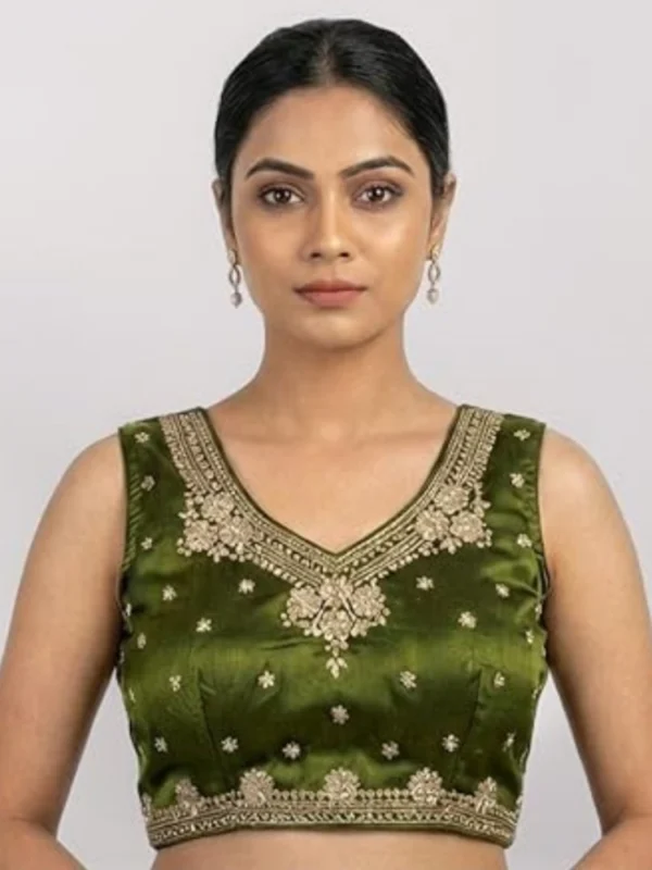 Women's Silk Embroidered V-Neck Sleeveless Readymade Padded Blouse (Mahendi, Size 38)