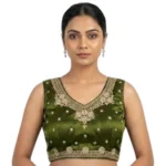 Women's Silk Embroidered V-Neck Sleeveless Readymade Padded Blouse (Mahendi, Size 38) - Image 6