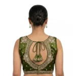 Women's Silk Embroidered V-Neck Sleeveless Readymade Padded Blouse (Mahendi, Size 38) - Image 5