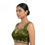 Women's Silk Embroidered V-Neck Sleeveless Readymade Padded Blouse (Mahendi, Size 38) - Image 3