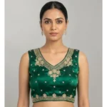 Women's Silk Embroidered V-Neck Sleeveless Readymade Padded Blouse (Green, Size 38)