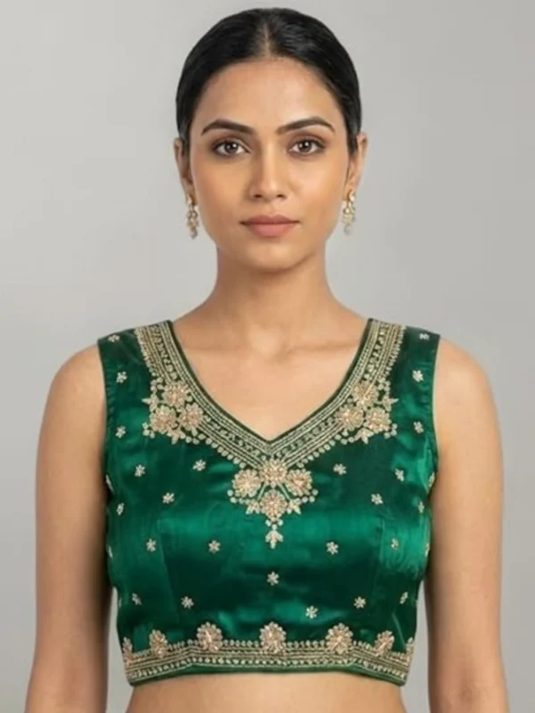 Women's Silk Embroidered V-Neck Sleeveless Readymade Padded Blouse (Green, Size 38)