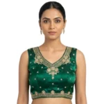 Women's Silk Embroidered V-Neck Sleeveless Readymade Padded Blouse (Green, Size 38) - Image 6